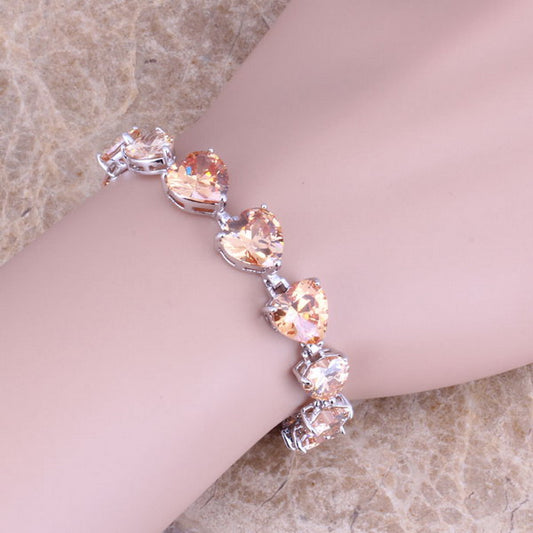 Brown Morganite 925 Sterling Silver Heart Link Bracelet - curative-crystals